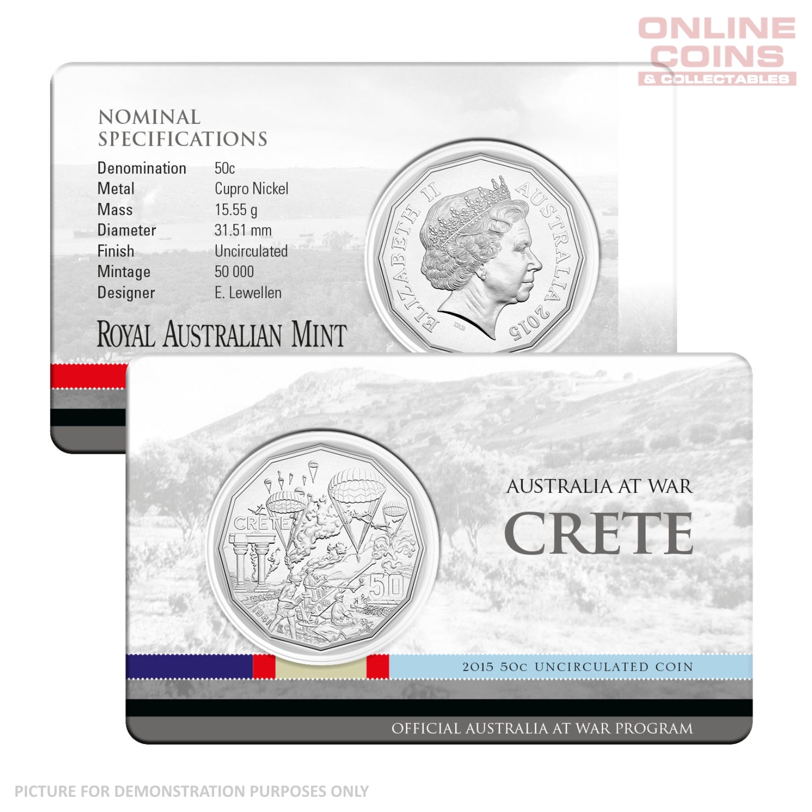 2015 50c Uncirculated Carded Coin - Australia At War Crete